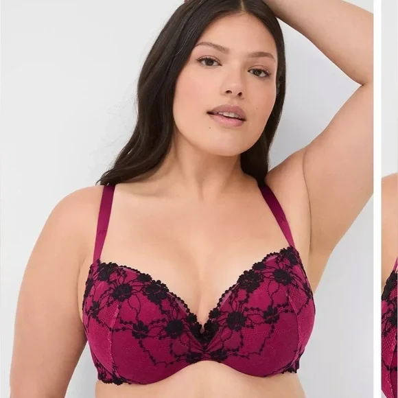 Cacique NWT Max Boost Plunge Lace Strappy Sexy Lace Bra Raspberry Black 44C - Picture 2 of 12